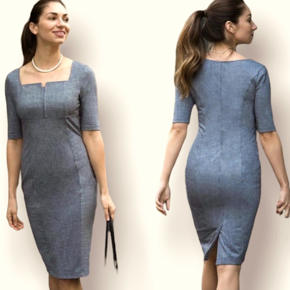 Betabrand Executive Ponte Midi Dress Blue linen gray short sleeve -M